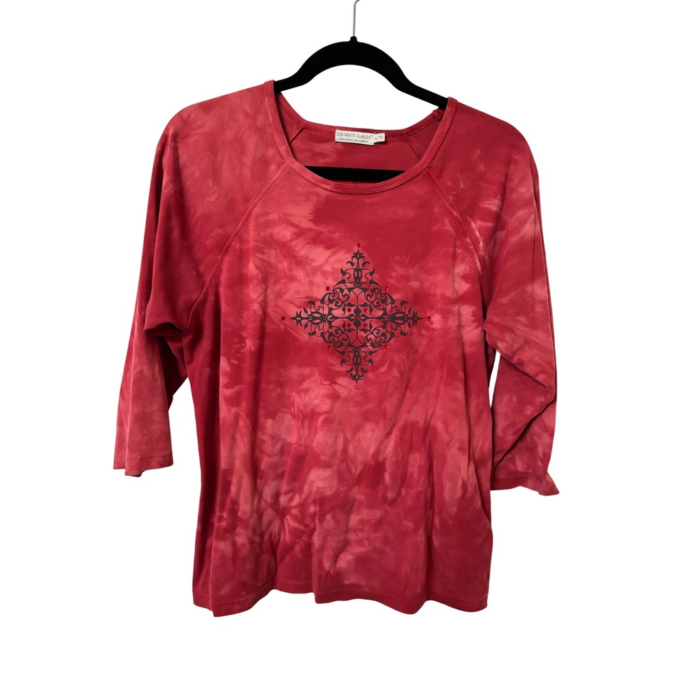Y2K Segments Classic Red Tie Dye Graphic Top XL 3/4 Sleeve Rhinestone Filigree